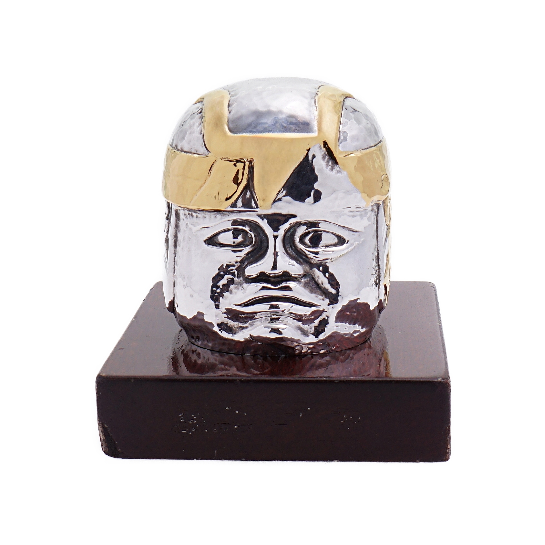 Silberfigur Inkakopf auf Holzsockel - Tane Mexiko