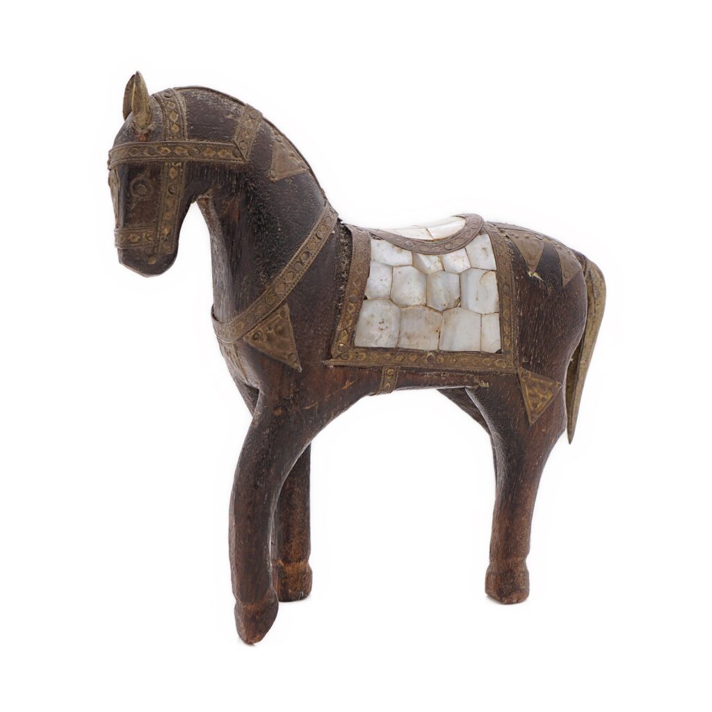 Pferdefigur Skulptur aus Echtholz mit Perlmutt - Indien