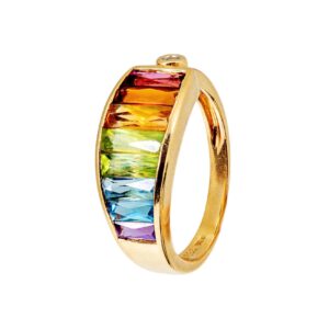 Gelbgold Damenring mit Farbedelsteinen Regenbogenfarben 14kt 585 Gold