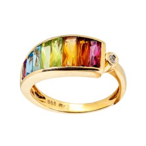 Gelbgold Damenring mit Farbedelsteinen Regenbogenfarben 14kt 585 Gold