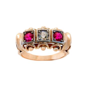Jugendstil Roségold Ring Weißtopas & Rubine 8kt 333 Gold