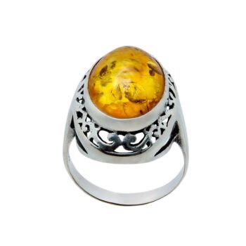 Toller durchbrochen verztierter Bernsteinring aus 925 Sterlingsilber