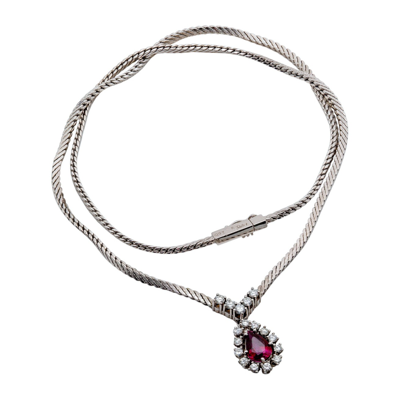 Luxus-Collier aus 750er Weißgold mit Rubin im Tropfenschliff und lupenreinen Brillanten