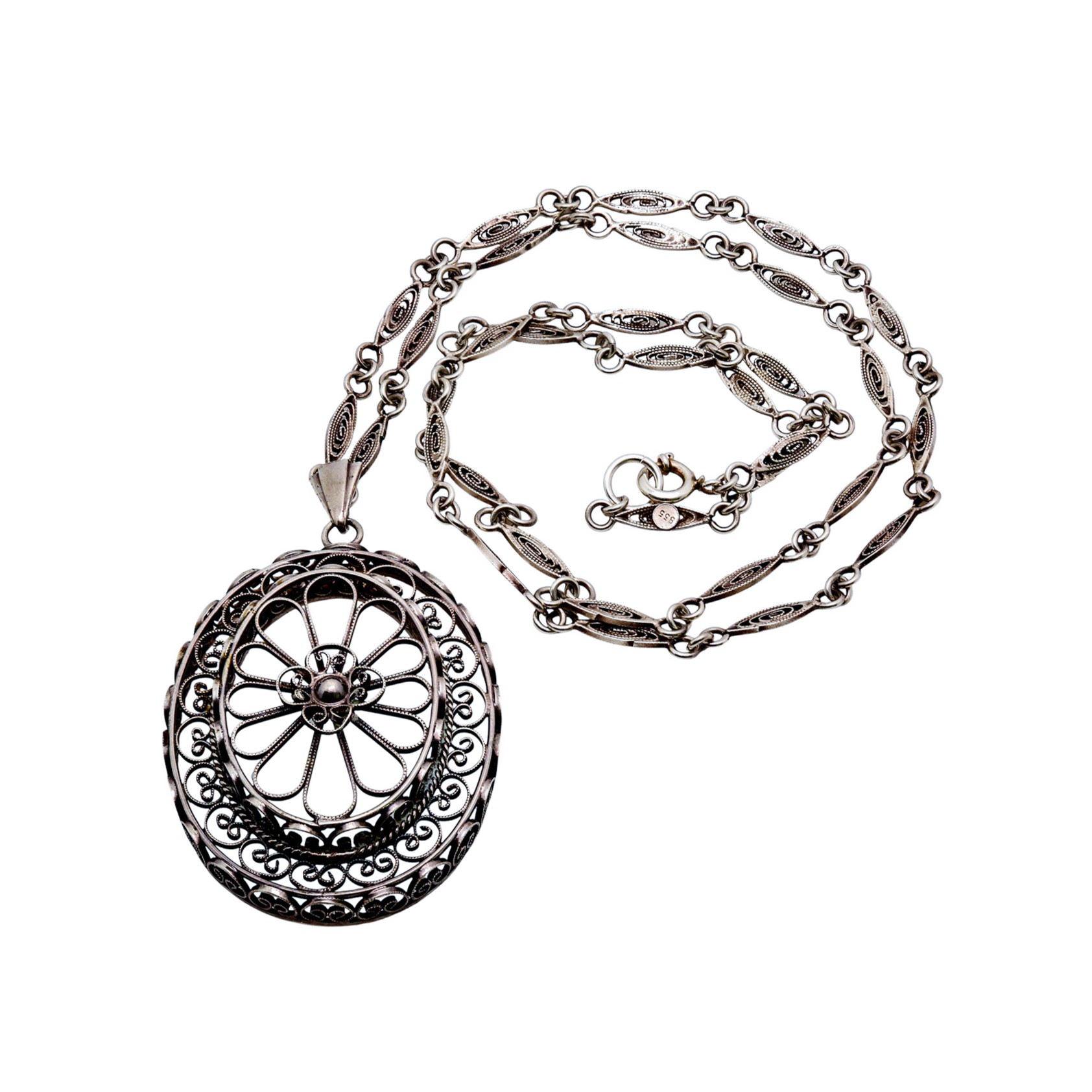 Wunderschöne Filigran Silberkette + großer Silberanhänger 835 Silber