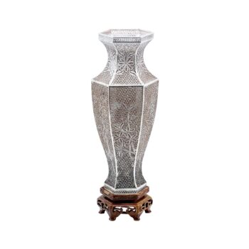 Filigran Silbervase auf Holzsockel 925 Sterlingsilber