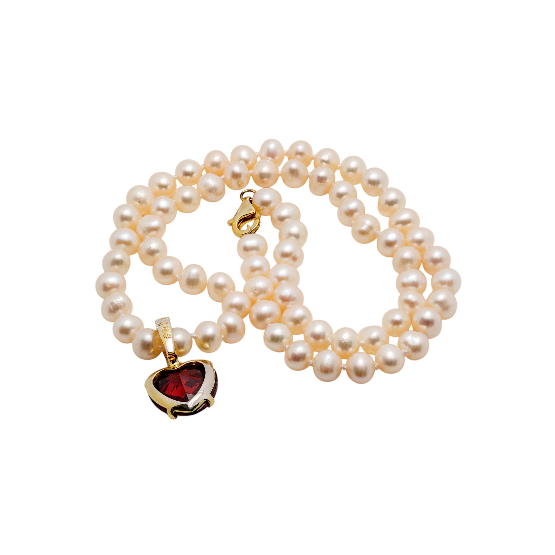 Romantische Perlenkette mit rotem Herzanhänger 925er Silber vergoldet