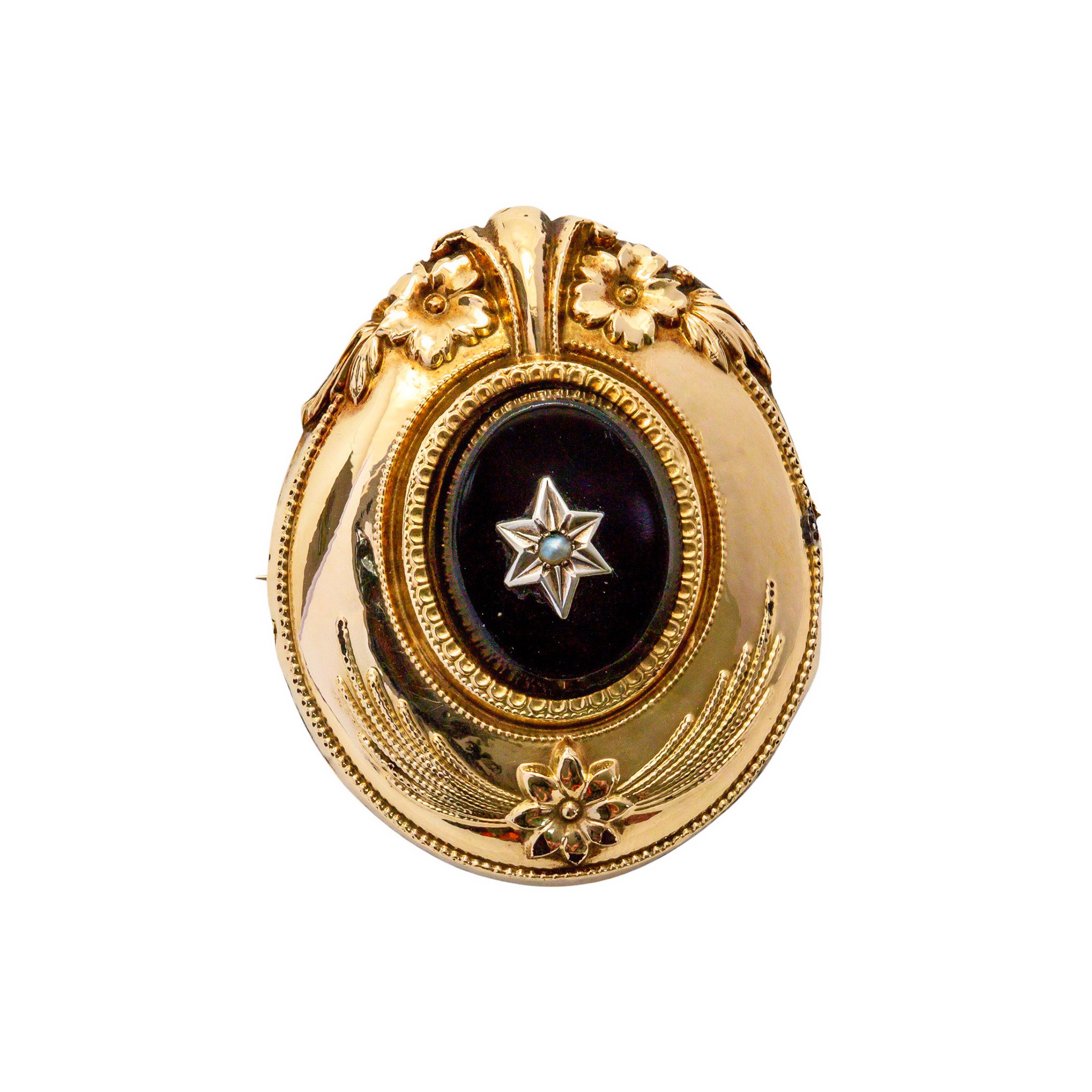 Biedermeier Schaumgold Medaillonbrosche mit Onyx und Perlenstern