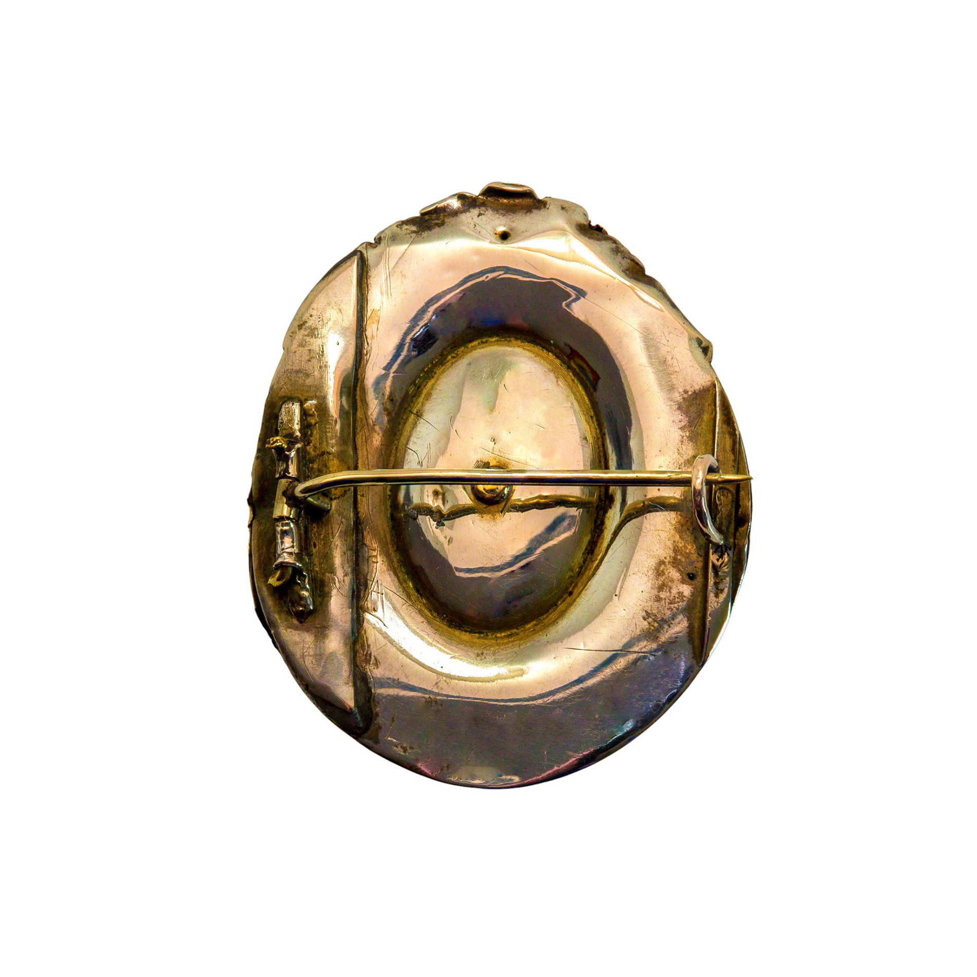 Biedermeier Schaumgold Medaillonbrosche mit Onyx und Perlenstern