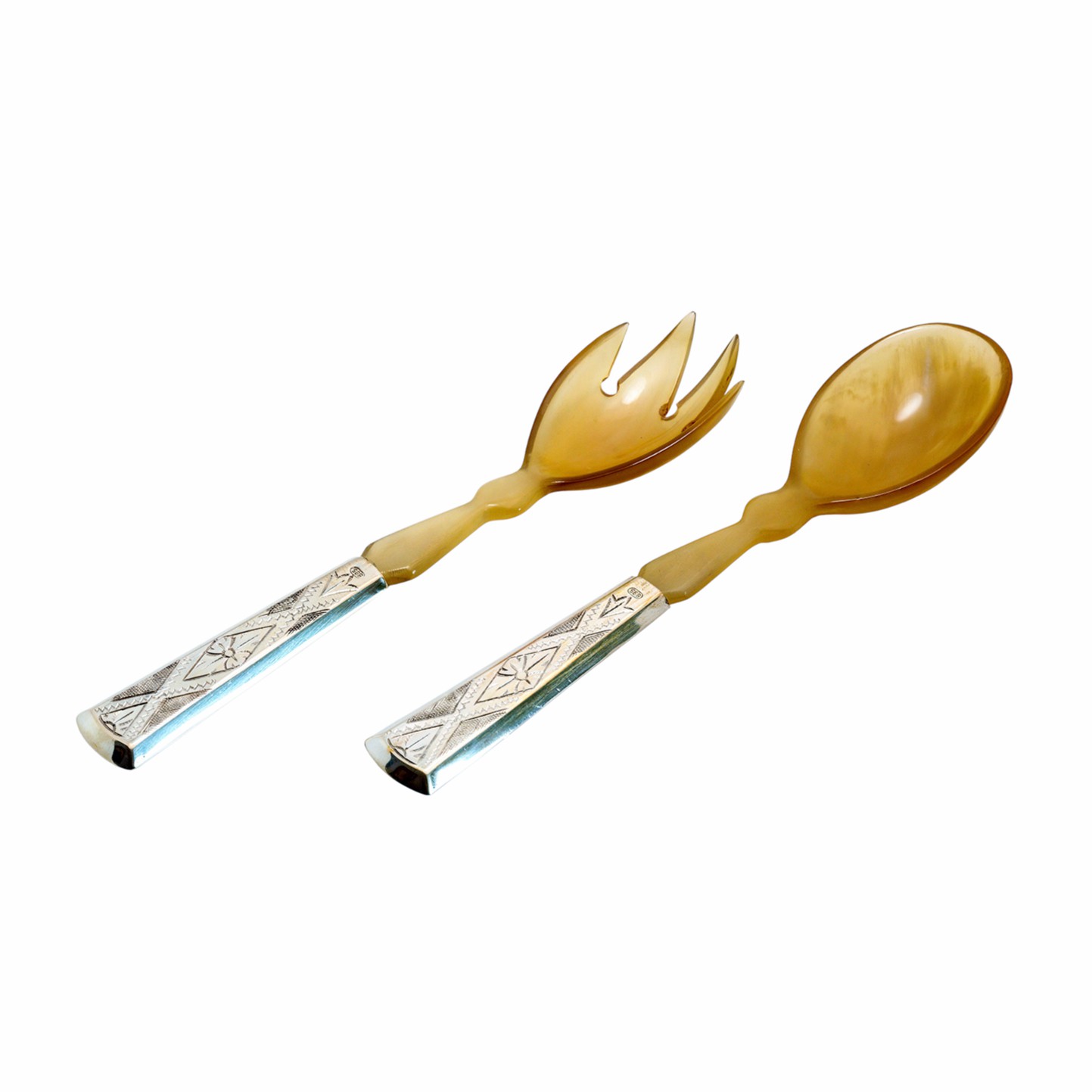 Kleines Salatbesteck aus Horn mit Griffmontierungen aus 835er Silber