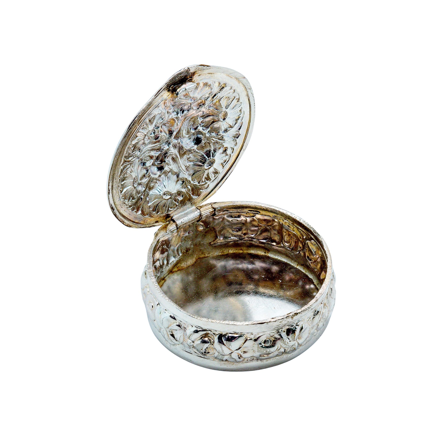 Versilberte Pillendose mit floraler Reliefverzierung