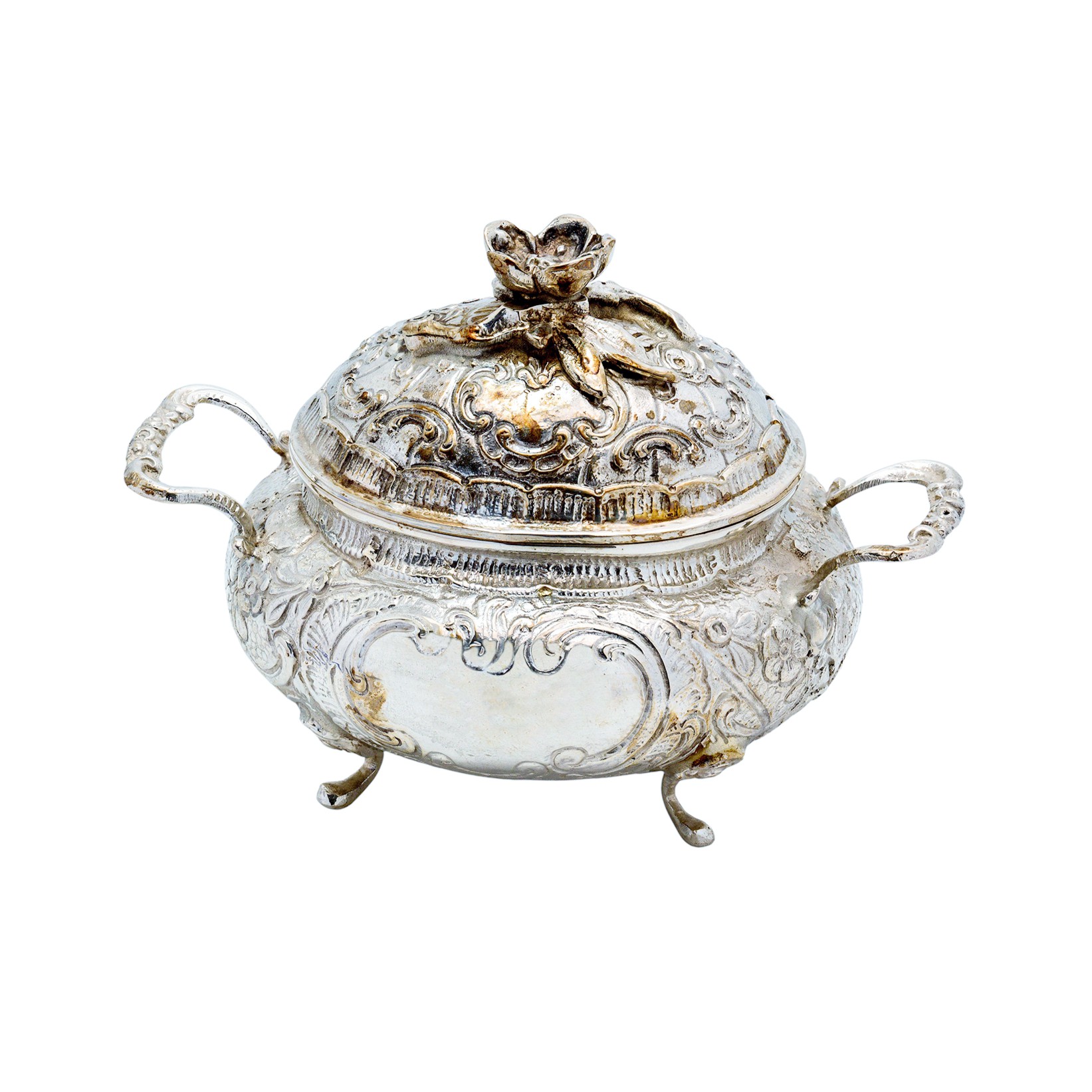 Verzierte Zuckerdose aus Silber im Neorokoko mit feiner Innenvergoldung