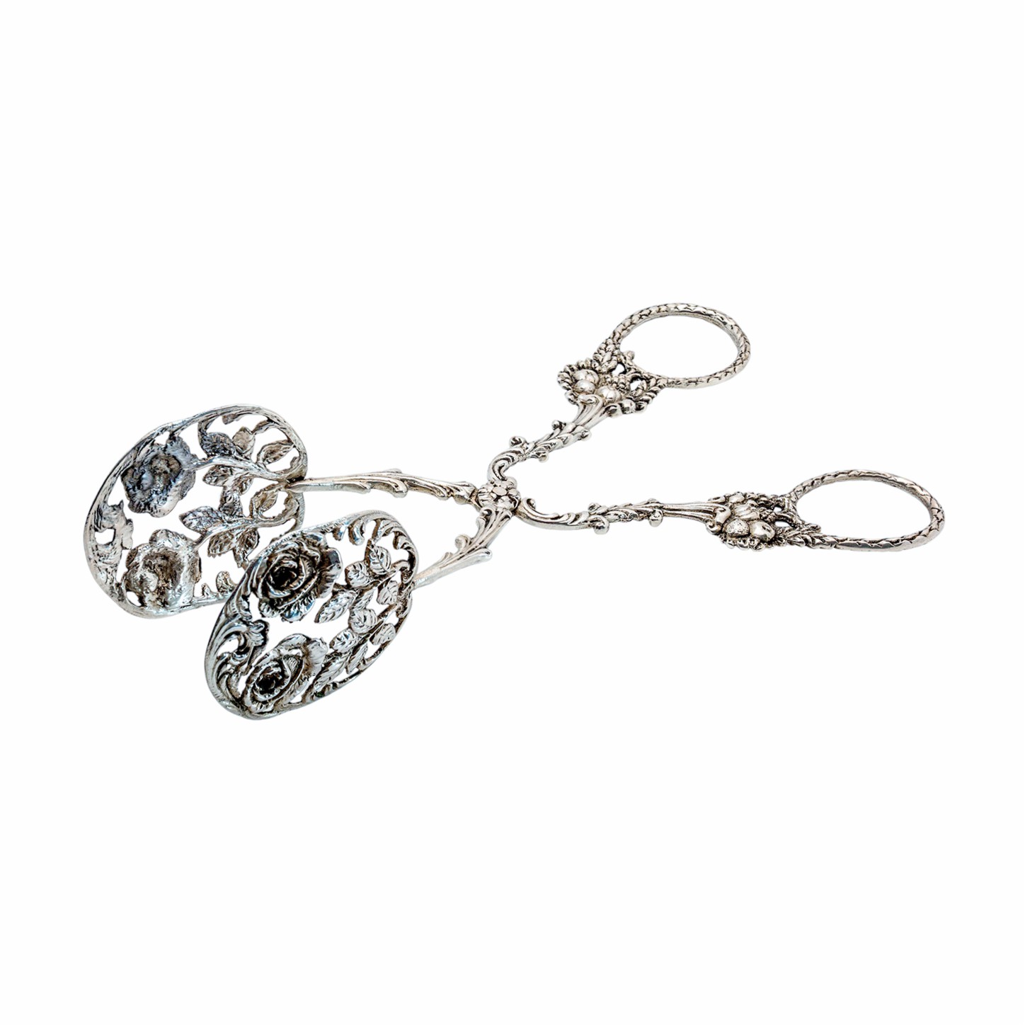 Kunstvoll gearbeitete Gebäckzange mit Rosenmotiven aus 830er Silber