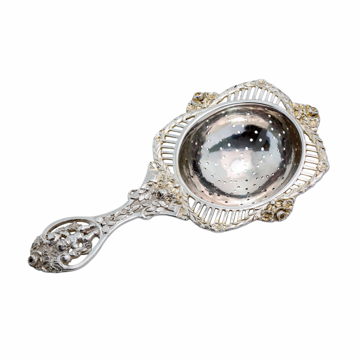 Kunstvoll durchbrochen gearbeitetes Teesieb aus 800er Silber