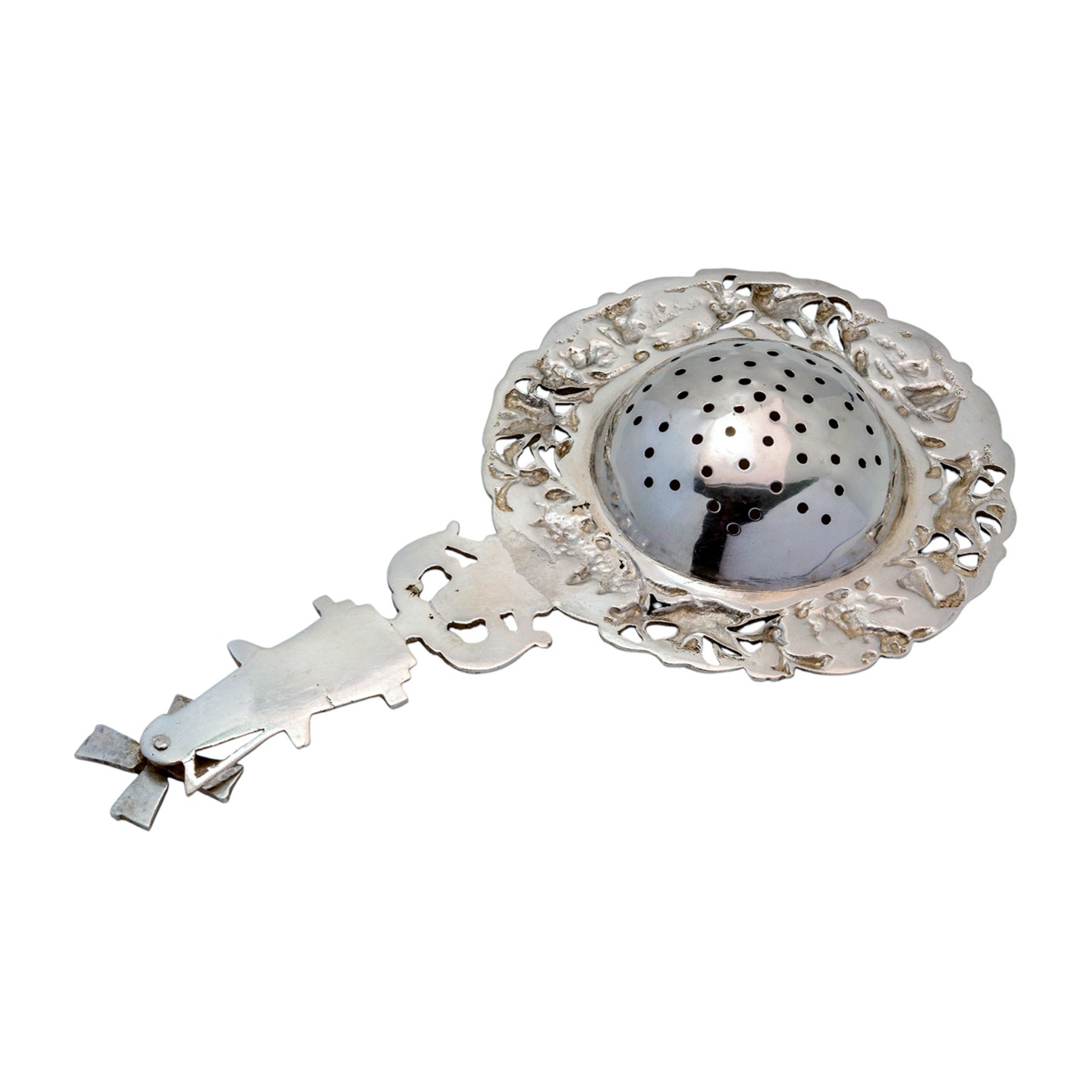 Dekorreiches Teesieb aus Silber mit drehener Windmühle - Niederlande