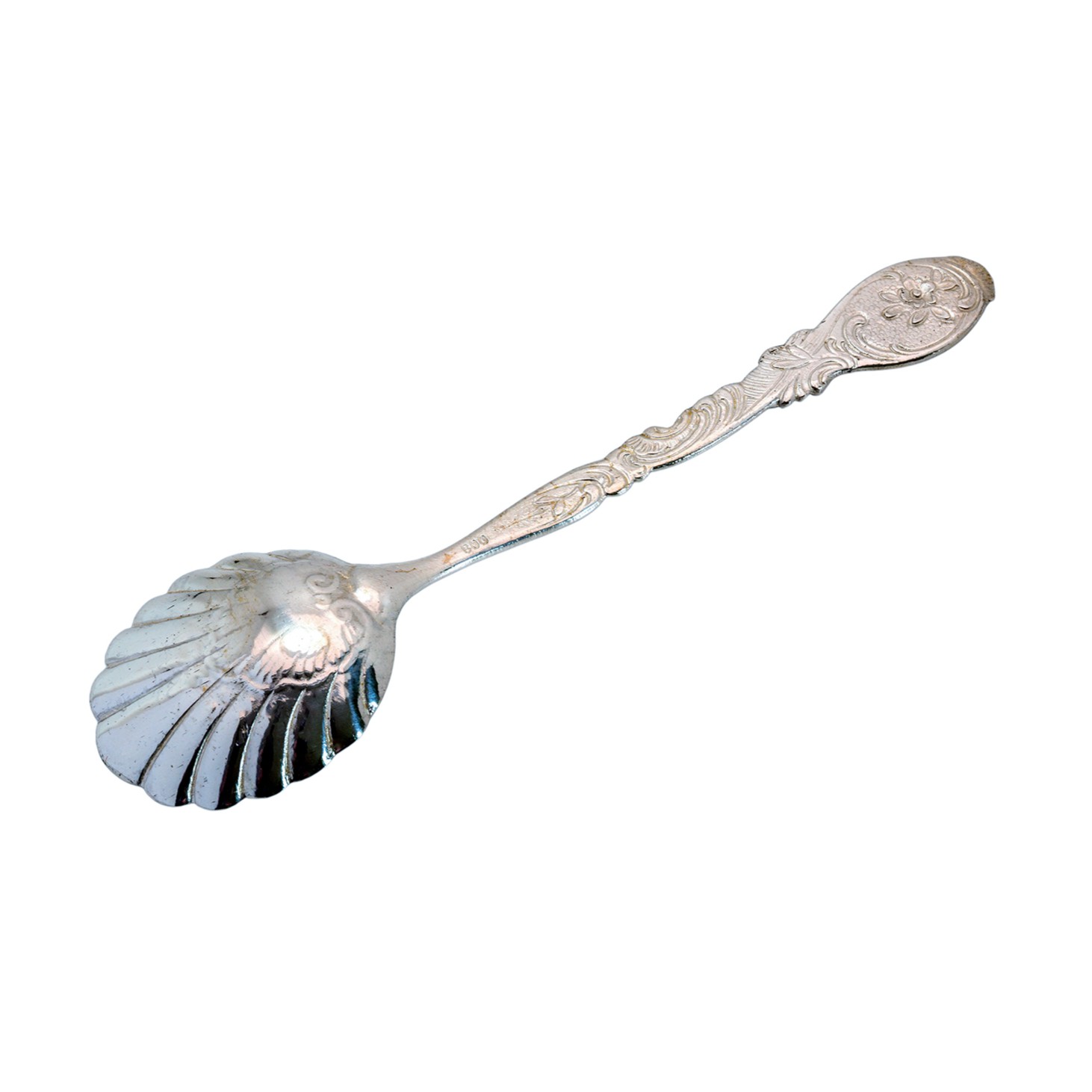 Zuckerlöffel aus 800er Silber mit floraler Verzierung und Muschellaffe