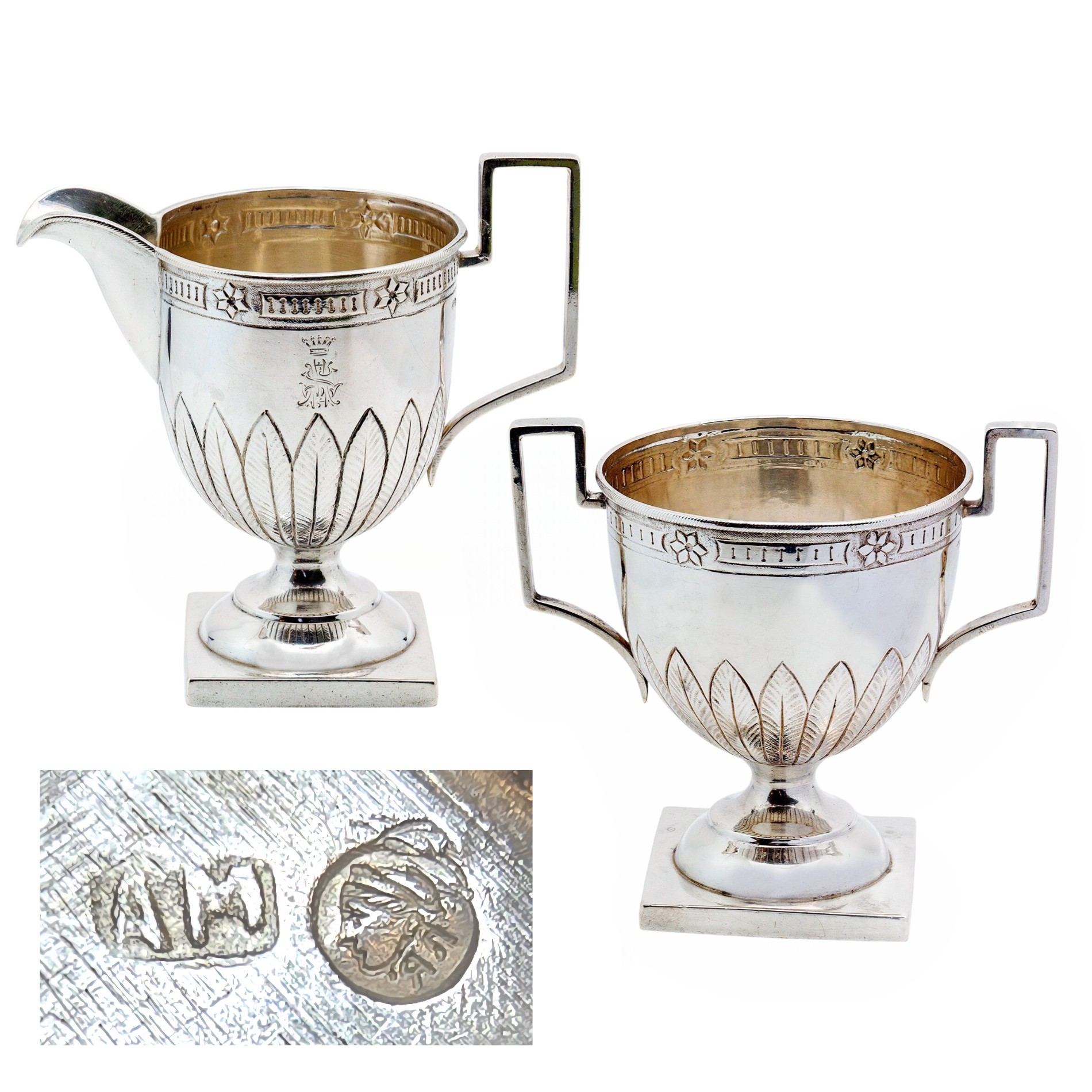 Klassizistisches Zucker & Sahne Service aus Silber mit osteuropäischen Beschau-Stempeln