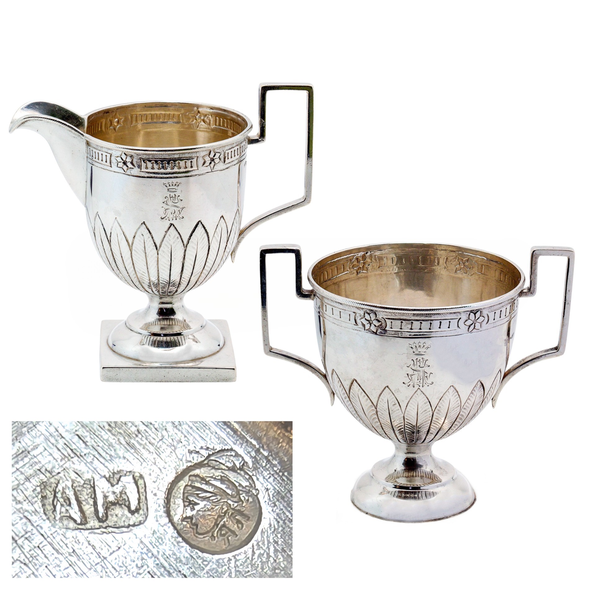 Klassizistisches Zucker & Sahne Service aus Silber mit osteuropäischen Beschau-Stempeln