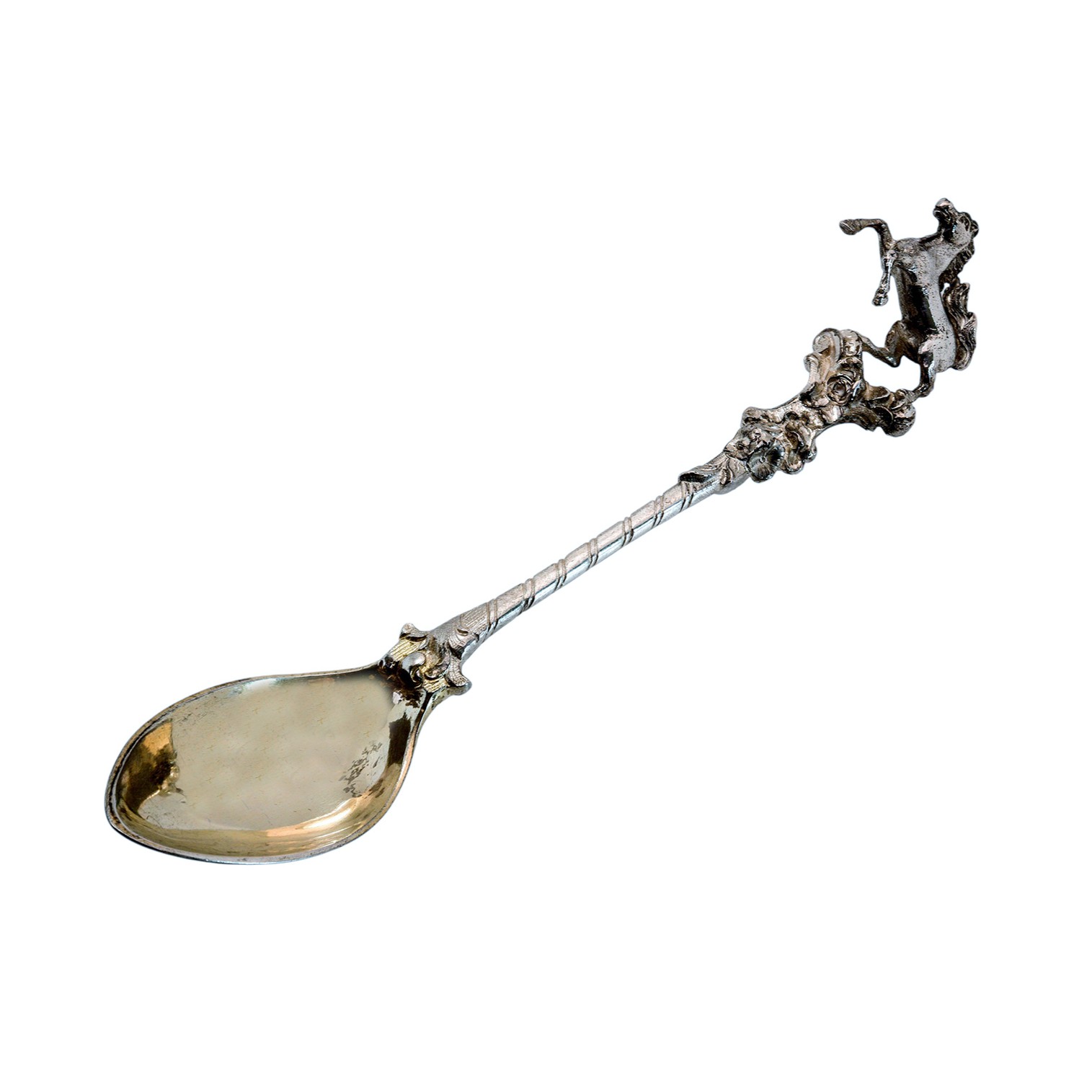 Silberlöffel mit plastischem Pferdemotiv