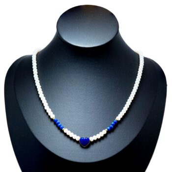 Luxoriöse Perlenkette mit Lapislazuli & Herz Anhänger 14kt 585 Gold