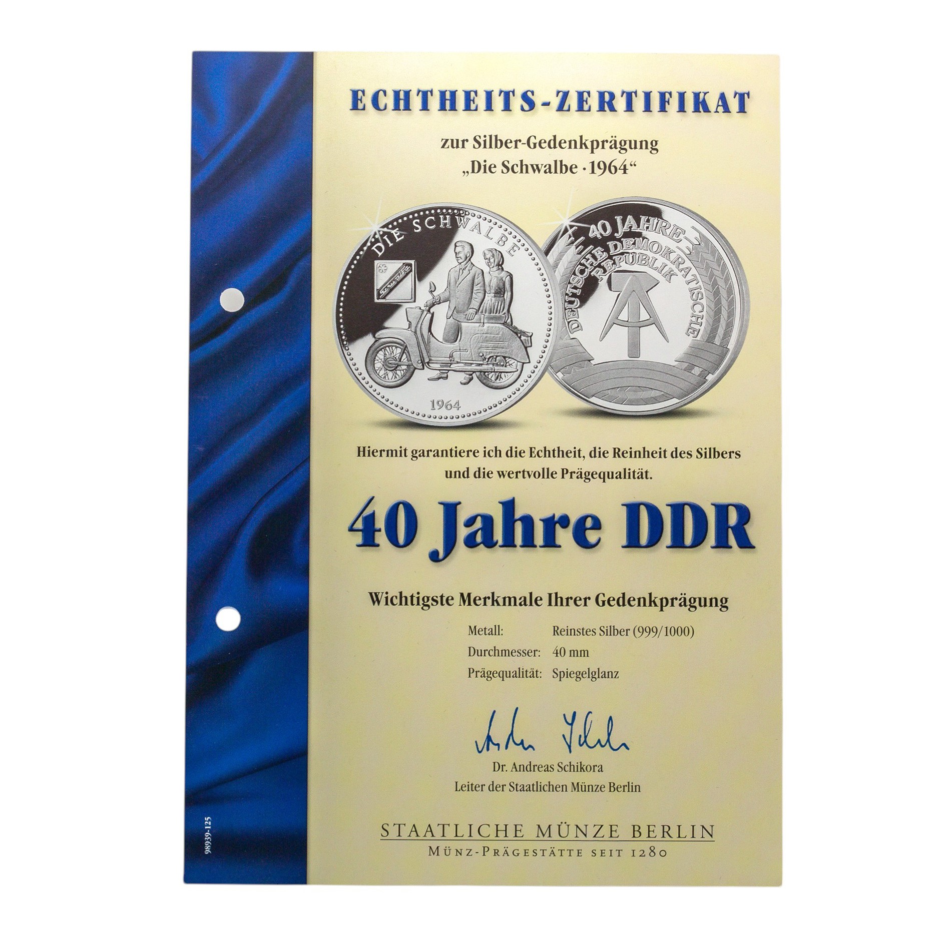 Silbermünze 40 Jahre DDR Schwalbe 1964 Feinsilber 999
