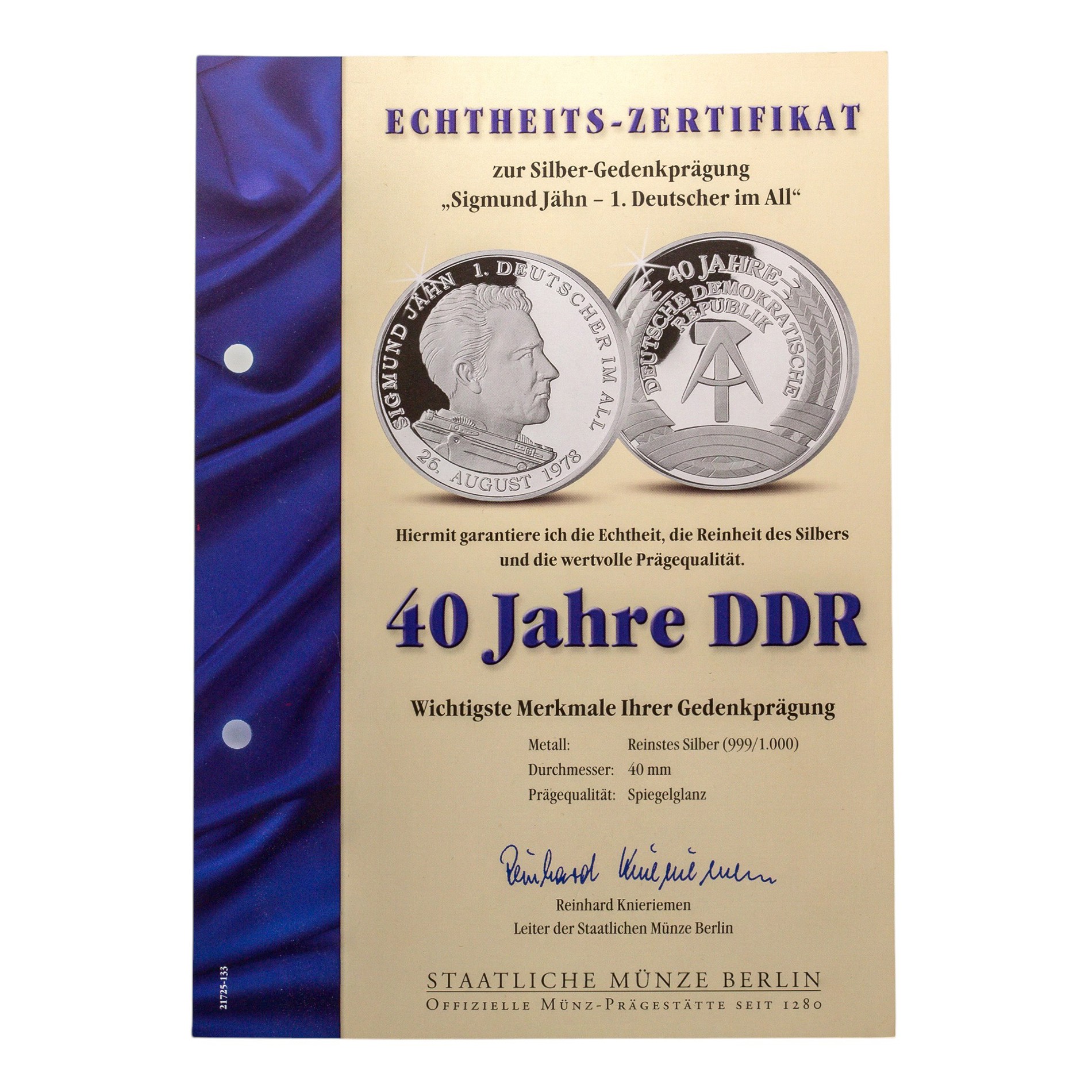 Silbermünze 40 Jahre DDR Sigmund Jähn 1. Deutscher im All Feinsilber 999